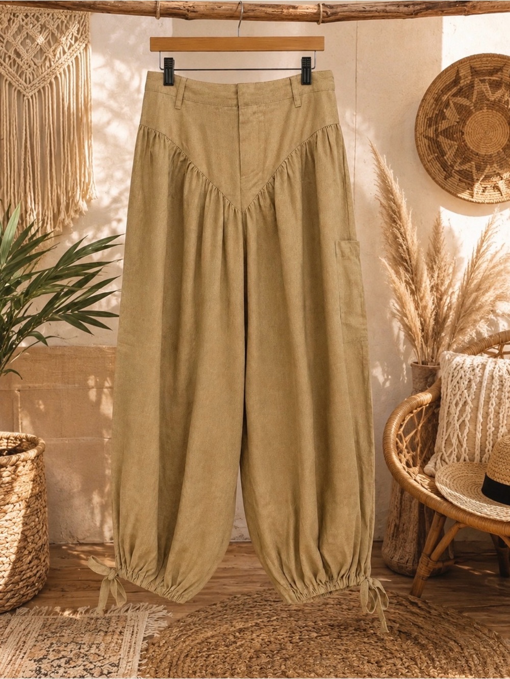 Fe Noel boho linen blend harem ballon pants yoke ankle tie